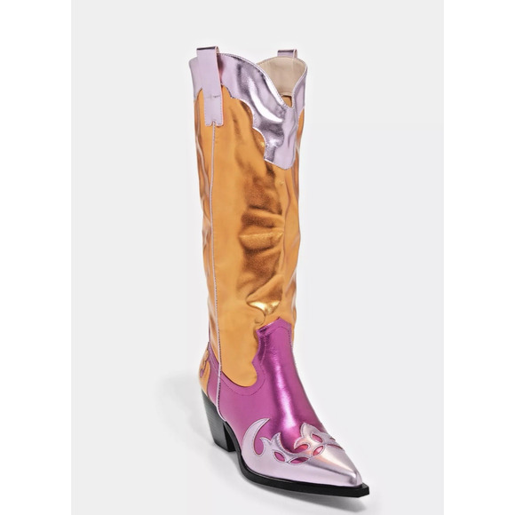 Azalea Wang Hendrix Western Cowboy Boot Knee High Pink/Orange Metallic Sz 9 - Picture 2 of 12